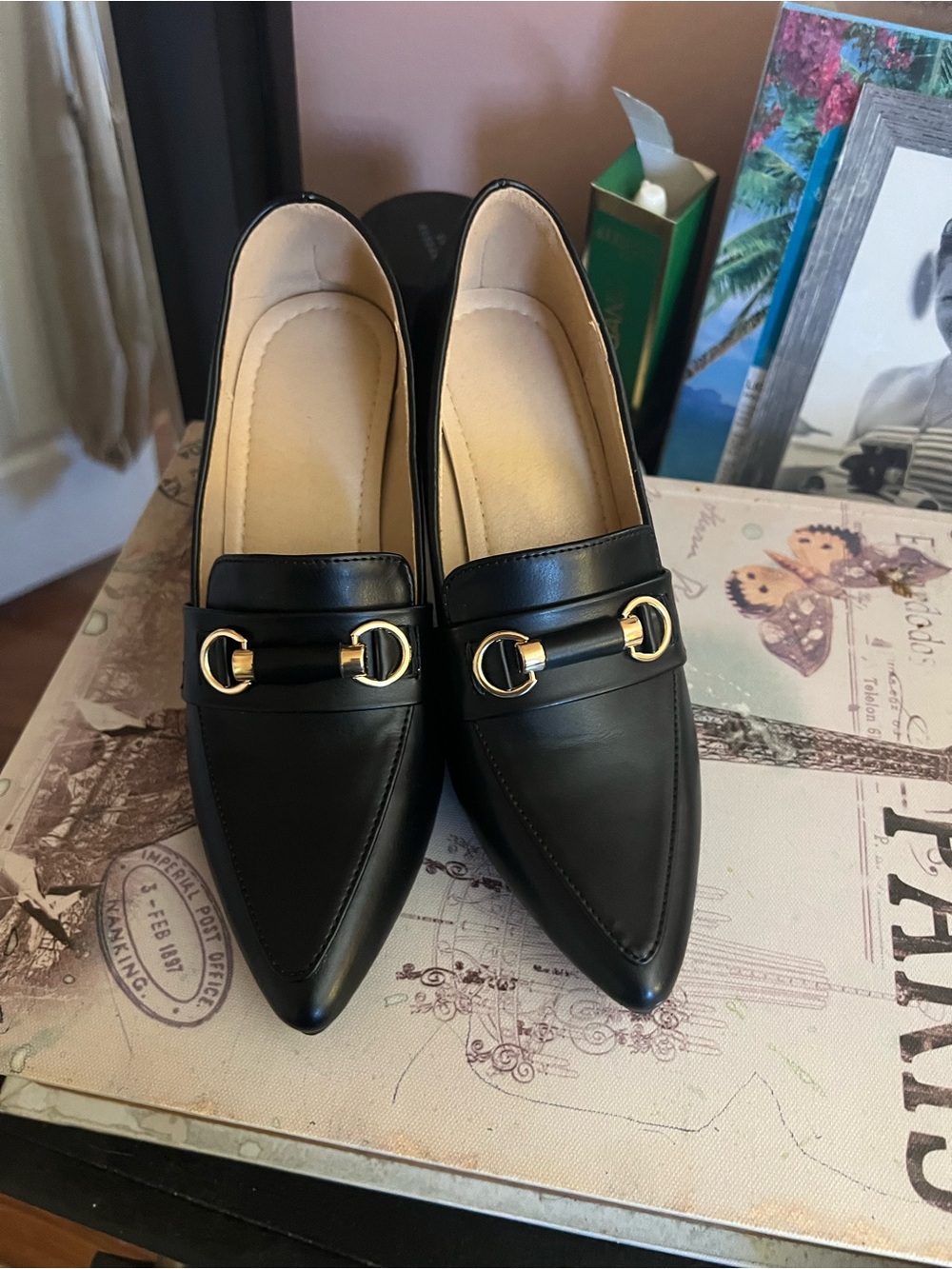 Nwt Black Pointed Toe Women’s Loafers with Gold Bit Detail